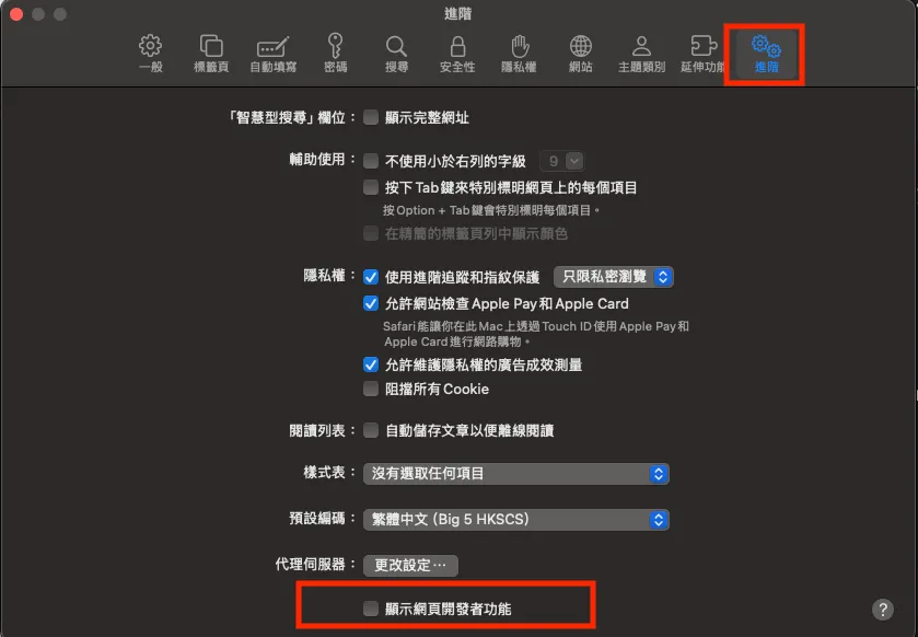 Safari 進階設定